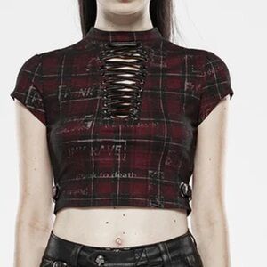 Edgy Plaid Lace-Up Crop Top - Black and Red